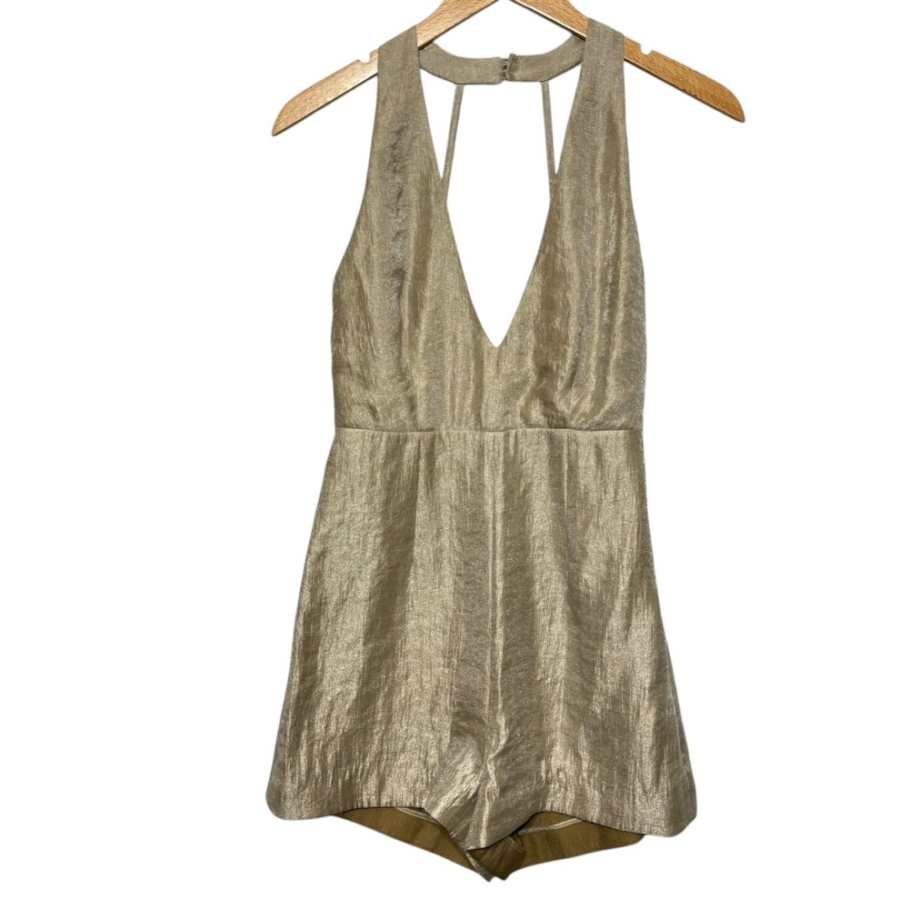 Free People Gold Shimmer Plunge Neckline Romper Size 4